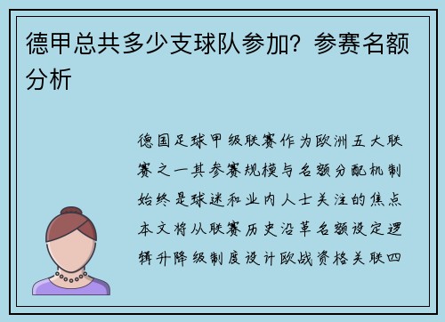 德甲总共多少支球队参加？参赛名额分析